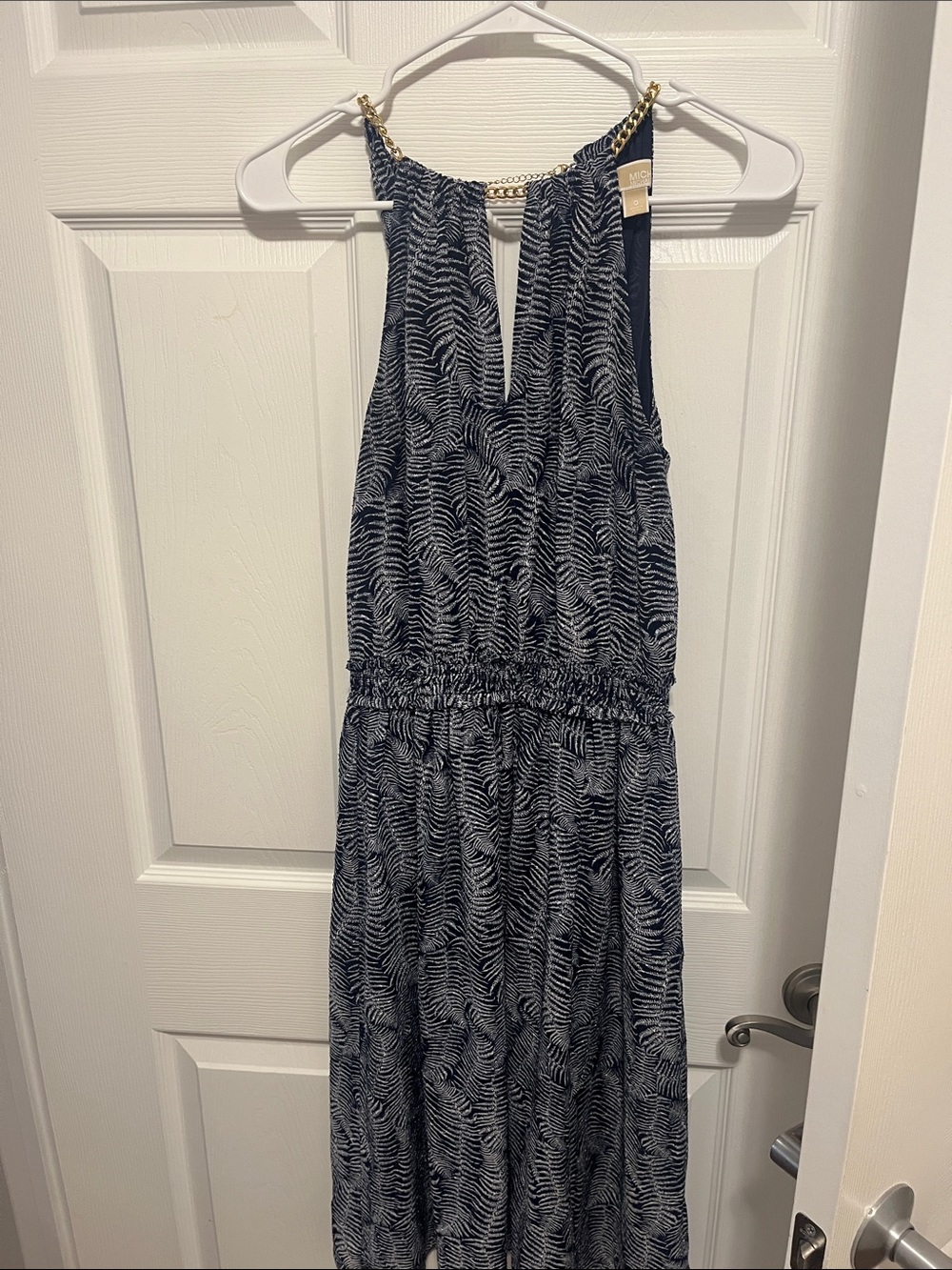 MICHAEL Michael Kors Navy and White Halter Maxi Dress with Gold Chain
